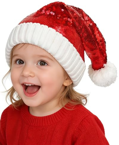 Asikkon Baby Knit Santa Hat Sequin Christmas Knitted Hat for Baby with Pom Pom for Infant Toddler‌ New Year Xmas Party 0 to 4 Years Old