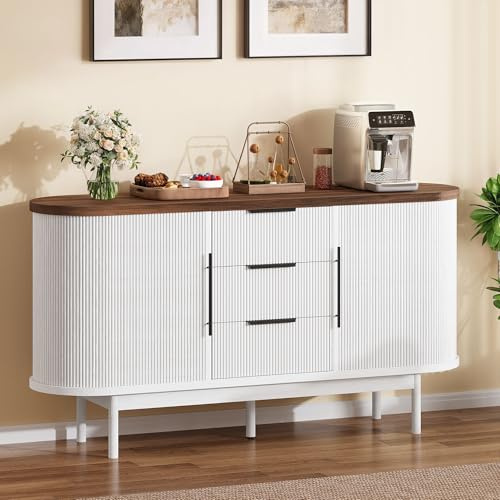 YITAHOME 55'' Fluted Buffet Cabinet with 3 Large Drawers, Fluted Sideboard Buffet Storage Cabinet with Adjustable Shelf & Sliding Door, Modern Coffee Bar for Kitchen, Entryway, White & Brown