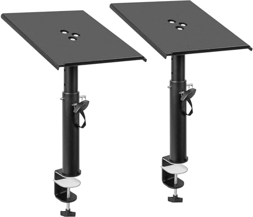FREEAMG Set of 2 Desktop Clamp Speaker Stands with Height Adjustable(Black) | Clamp-on Speaker Stand with Adjustable Tilt Angle Tray of 0-12°, Studio Monitor Stand for Bookshelf Monitor Speakers