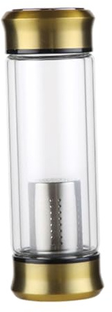 HEALLILY Heat-Resistant Double Wall Glass Tea Bottle with Dual Lids and Fruit Infuser Travel-Friendly Leakproof Cup with Sleeve for Office and Outdoor Use Golden Color
