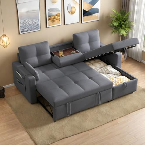 Sofá Convertible de 3 Plazas en Forma de L con Portavasos Abatible, Sofá de Rincón Convertible con Almacenamiento y Cojines, Sofá Cama con Respaldo Sofá de 3 Plazas Multifuncional para Salón