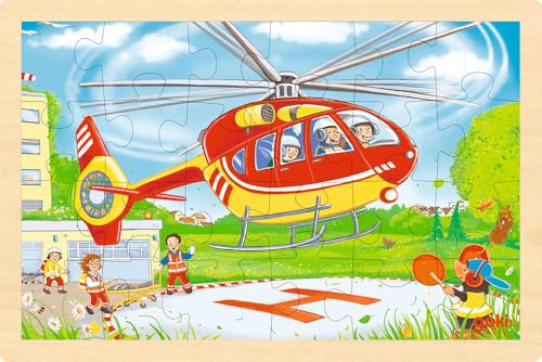 goki 57301 - Einlegepuzzle Hubschrauber/Feuerwehr, 24- teiliges beidseitig bedrucktes Holzpuzzle für doppelten Puzzlespaß, 30 x 20 cm