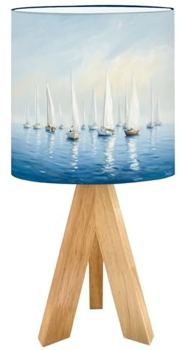 Tripod Bedside Table Lamp for Bedroom Abstract Seascape Sailboat Nautical Blue Sea Sailing White Boats Nightstand Lamps Desk Lamp with Linen Fabric Shade for Nursery Room Living Room Kids Room