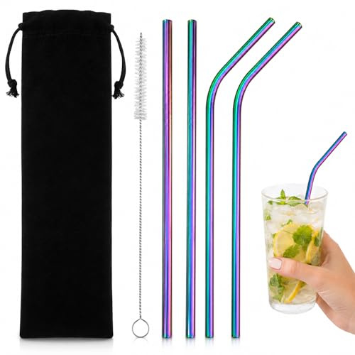 Reusable Stainless Steel Straws Set of 4, Metal Drinking Straws with Cleaning Brush and Velvet Pouch, Rainbow Color, Dishwasher Safe for Smoothies Iced Coffee Juice Cocktails