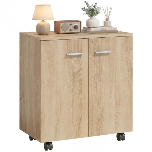 HOMCOM Meuble de Rangement Buffet Bas sur roulettes 60x35x65cm Bois Naturel