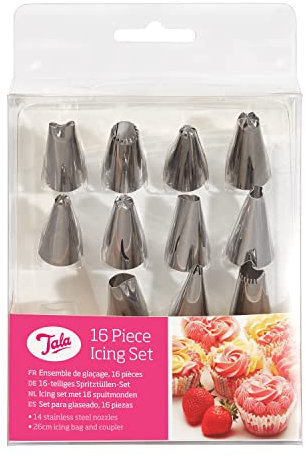 Tala 16-teiliges Spritztüllen-Set mit 14 Edelstahltüllen, 26 cm Spritzbeutel und einem Verbindungsstück. Perfekt für alle Arten von Zuckerguss und ideal zum Spritzen von Lebensmitteln