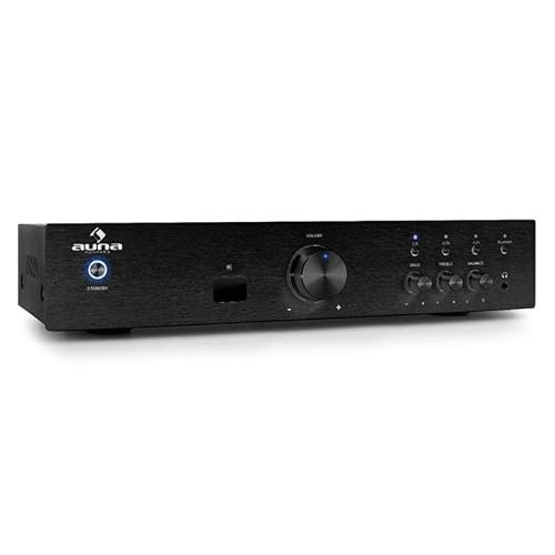 Auna Amplificador Audio Equipo de Musica para Casa, Amplificador HiFi y AV, Control de Bajos y Agudos y Entrada AUX, Amplificadores de Sonido Subwoofer, 1 Canal de Audio y Altavoz con Mando