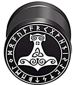 CHICNET dam herr Fake Plug Piercing örhängen av rostfritt stål i svart silver, skruvlås, 10 mm rund, 6 mm lång, 1,2 mm stift, Viking Celtic Nordic e rostfritt stål, colore: Thors Hammer, cod. FM-755-05