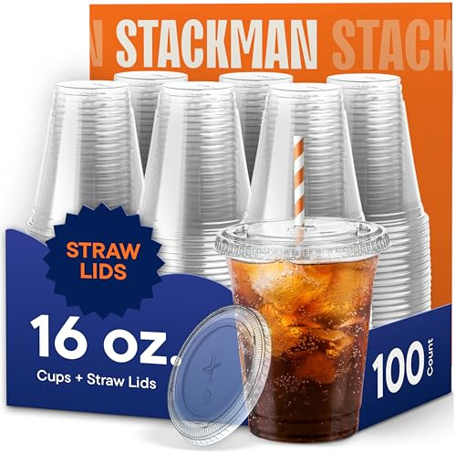 16 oz Clear Plastic Cups with Straw-Slot Lids [100 Sets] PET Crystal Clear Disposable Cups with Lids - Durable Cup. BPA Free + Crack Resistant, for Coffee, Juice, Shakes