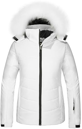 Skieer Women's Waterproof Ski Jacket Warm Snow Coat with Removable Hood(White,Small)