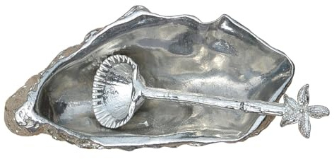 Salière ou Poivrière en Forme de Coquille de Huitre, Bol à Épices, Avec Cuillère en Forme de Palourde, Fait Main en Etain. Fabrication Artisanale Francaise, par William Sturt, Les Etains de Jumilhac