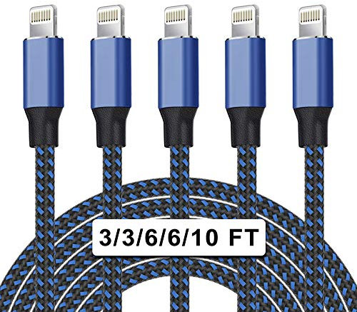 Paquete de 5 (3/3/6/6/10 pies) [certificado Apple MFi] Cable Lightning largo de carga rápida de sincronización de datos de alta velocidad cable USB compatible con iPhone 13/12/11 Pro Max/XS MAX/XR/XS