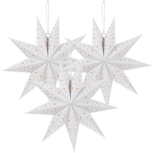 Lurrose Paper Star Lantern, 3pcs 9 Pointed Star Lampshade Christmas Hanging Lantern Ornament for Wedding Birthday Holiday (35cm), White, 35x35x13cm, (U1401E5AX9O34NY3KE8)