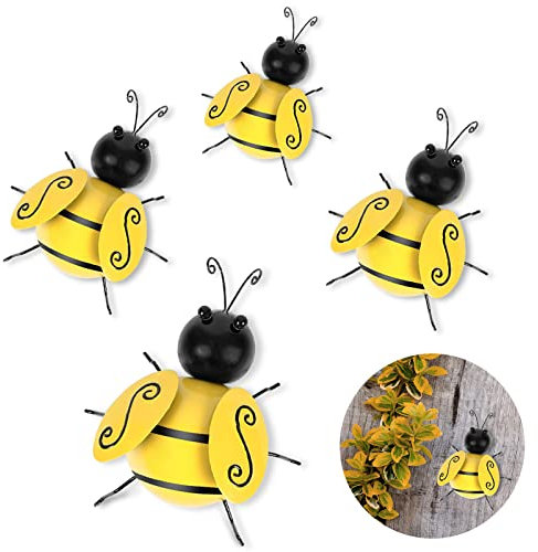 SEGNAYEN Metall-Hummel-Dekorationen, 4 Stück, Outdoor-Metall-Wandkunst, 3D-Eisen-Biene, Gartenornament, hängende Dekoration, Tiere, Wanddekoration für Zaun, Rasen, Zuhause