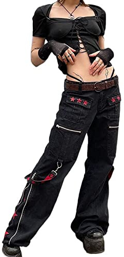 MAEHARRT Y2k Gotiska cargobyxor gotisk punk hip hop låg midja cargobyxor Harajuku cargobyxor kvinnor baggy Y2k streetwear svart, Svart-F, L