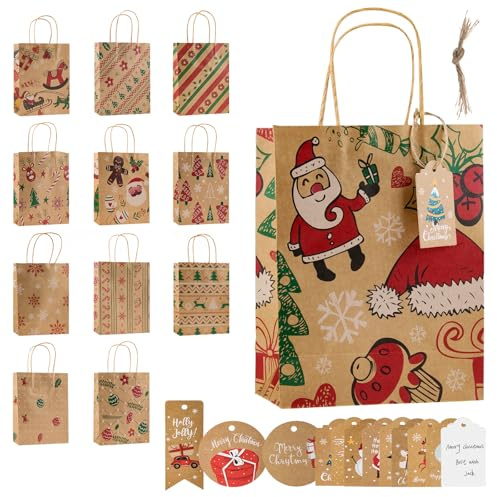 Geschenktüten Weihnachten Weihnachtstüten Klein - 12 braune Kraftpapiertüten mit Henkeln & 12 Anhänger – Umweltfreundliche Papiertüten für Geschenke, Nikolaus & Wichteln für Kinder, Familie & Freunde