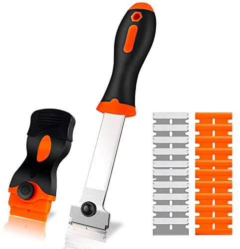 Topbidetec Multi-Purpose Scraper Tool Kits Long Handle Blade Scraper Plastic Scraper for Cleaning Stovetop Wall Oven Paint Caulk Labels Adhesive Sticker, 20Pcs Replacement Blades Included