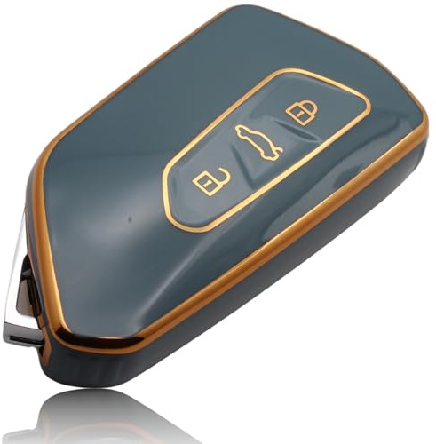 FOAMO Autoschlüssel Hülle passend für VW Golf 8, ID.3, ID.4, ID.7 – passend für Skoda Octavia & Enyaq, Seat Leon, Cupra Formentor (Blau-Gold)