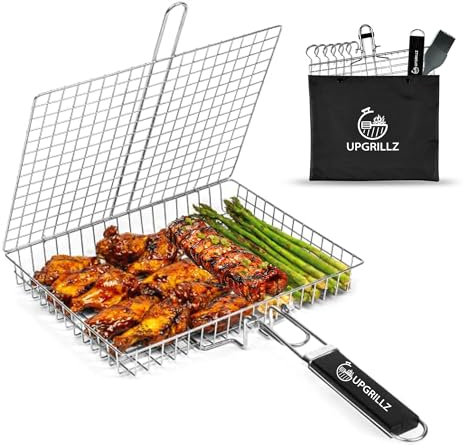 UPGRILLZ Fisch-Grillkörbe für Outdoor-Grillgemüse, Fisch-Grillrost für Grill, Grillkorb, Edelstahl-Grillkorb für Gemüse, Garnelen, inklusive 5 Stahlspieße, Silikonbürste und Tragetasche