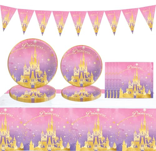 Prinzessin Partygeschirr Set, Prinzessin Geburtstag Geschirr, Rosa Schloss Party Geschirr, Pappteller Kindergeburtstag Prinzessin, Servietten, Tischdecke, für Mädchen Geburtstag, 10 Gäste