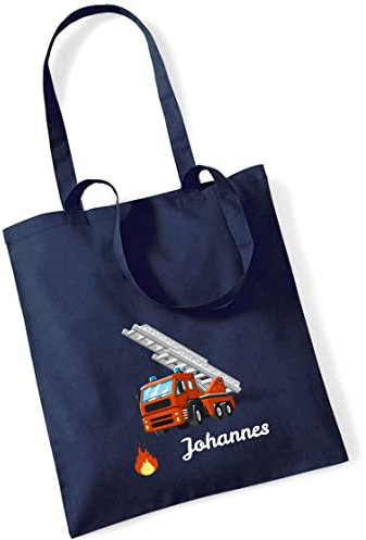 minimutz Jutebeutel bedruckt mit Feuerwehr-Auto und Namen | Stofftasche aus Baumwolle für Jungen | Kinderbeutel Tragetasche für Kita Kindergarten Wechselwäsche (dunkelblau)