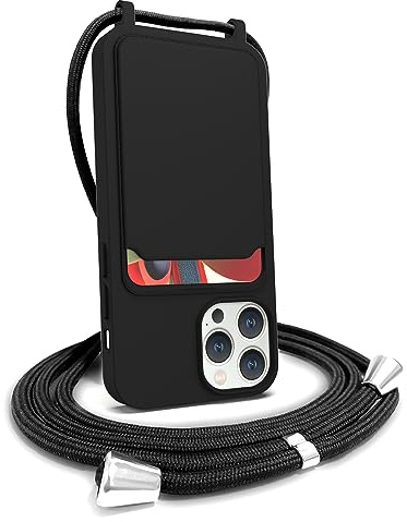 FOQENCCI Compatible for iPhone 14 Pro Max Crossbody Phone Case,Card Holder Phone Case with Adjustable Lanyard Strap Liquid Silicone Slim Shockproof Protective Phone Cover Wallet Case Black