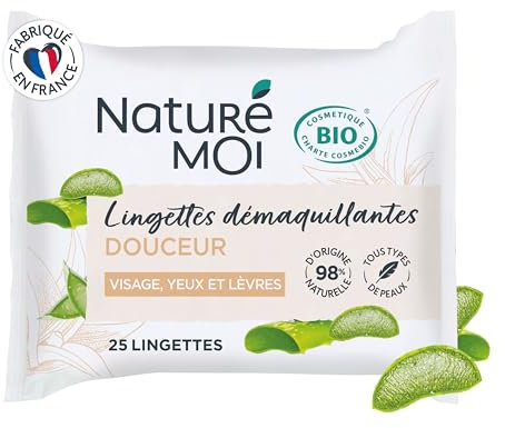 Naturé Moi - Salviette struccanti - struccante viso, occhi e labbra - 25 salviettine in cotone 100% naturale - Aloe Vera Bio - 98% di origine naturale - Made in France