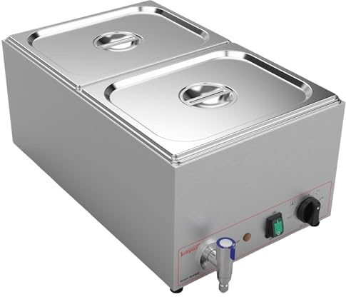 Valgus Commercial Bain Marie Buffet Food Warmer Acier Inoxydable 18L | 2 Sections Steam Table avec Couvercle et Robinet pour Maison et Restaurants