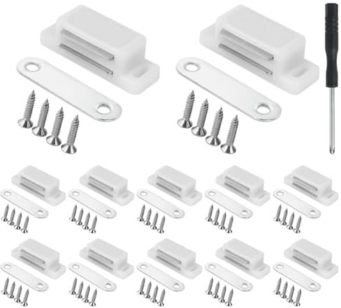 Ainiv 12 Stück Magnetschnäpper Weiß, Magnetschnäpper Tür Magnete für Schranktüren, Magnetschnäpper mit Nägeln Schraubendreher, Geeignet für Möbeltüren Klappen Türverschluss Haltemagnet Möbelschnäpper