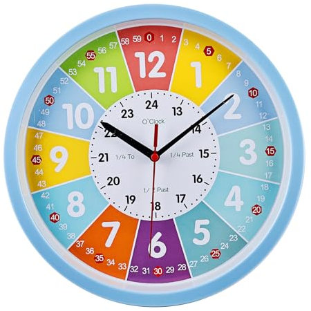 HOSPAOP Orologio Da Parete Silenzioso per Bambini, Orologio Didattico Colorato Senza Ticchettio, Ideale per Ragazzi e Ragazze, Camera dei Bambini, Camera da Letto, Cucina, Soggiorno, Scuola - 25 cm