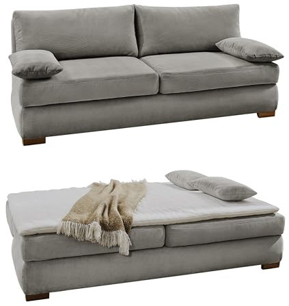 Dauerschlafsofa B201/T110/H88 cm, Tonnentaschenfederkern mit Wellenfedern, inkl. Topper, Bettkasten, Schlaffunktion mit Liegefläche 160x200 cm, Bezug in Feincord Hell-Grau / 15152