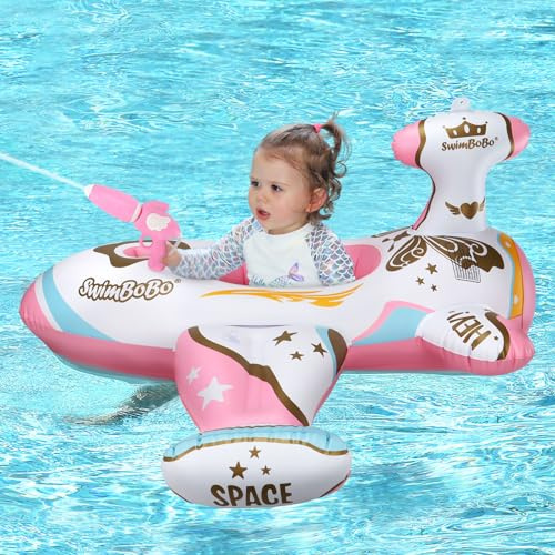 Swimbobo Toddler Pool Float Pink Inflatable Airplane Car Baby Swim Float with Water Gun and Safety Seat Pool Toys for Kids 3+ Years Old (Pink White Airplane)