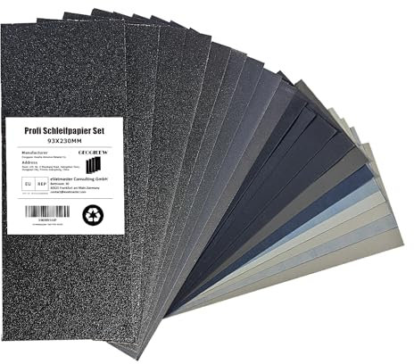20 Stück Schleifpapier Set, 93x230mm Nass und Trocken Sandpapier, Körnung P60 bis 6000, nassschleifpapier für Auto Metall Holz Lack Wände Glas Schleifen Finishing