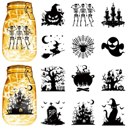 CREATCABIN 12Pcs Halloween Silhouettes Mason Jar Decor Laser Cut Cardboard Ghost Skull Die Cuts PVC Jars Scrapbook Decorations for DIY Crafting Light Hanging Lamp Frosted Glass-No Sticker 4x3.5Inch