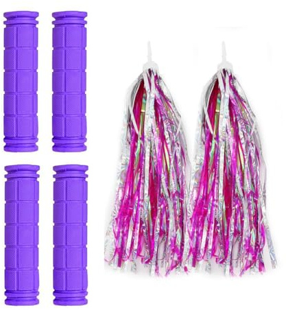 PLATT Kids Bicycle Handle Bar Grips 2 Pairs Colorful Rubber Mushroom Grips with Ribbons Streamers for Balance Bikes, Scooters, and Childrens BMX Bicycle Handlebars