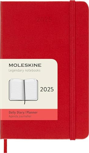 Tageskalender Daily Moleskine 2025, 12 Monate, 14 x 9 cm, Taschenformat, fester Einband, Scharlachrot + Stift und Lesezeichen