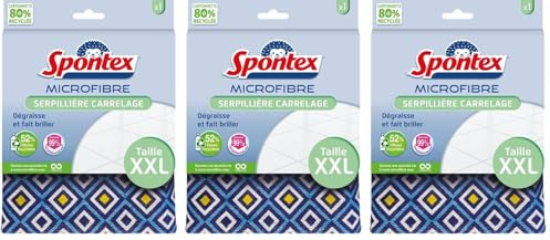 SPONTEX - Serpillère Spécial Carrelage XXL - 100% Microfibre - Dégraisse Juste avec de l'eau - Elimine 99% des bactéries - Motifs Originaux - Taille XXL (Lot de 3)