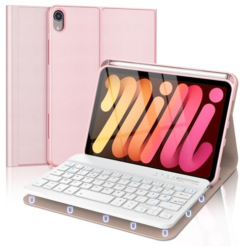 FOGARI Coque Clavier pour iPad Mini 7 (A17 Pro) 2024 / Mini 6 2021, AZERTY Français Amovible Clavier Bluetooth sans Fil pour iPad Mini 7/6 8.3'', Rose