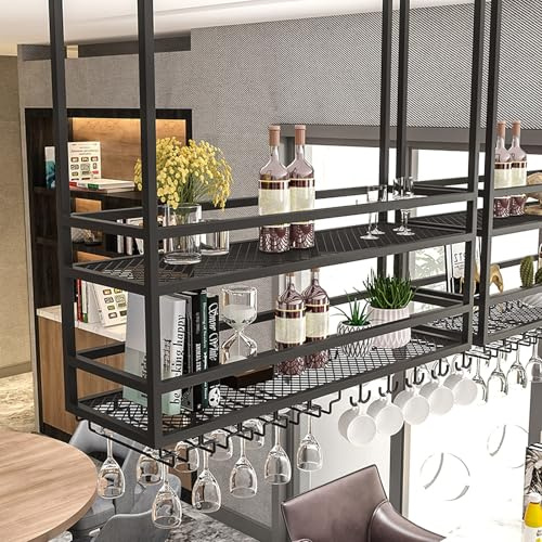 amhricho Ceiling Wine Glass Rack, Industrial Wall Mounted Wine Rack, Hanging Wine Rack, 2-Layer Iron Bottle Holder Wine Shelf with Glass Holder (BLACK, 80CM)