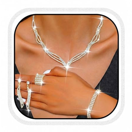 Unicra silver bröllop smycken set strass brud halsband och örhängen armband ring set bal formell kostym smycken set för kvinnor och brudar, One Size, Legerat stål, Ingen ädelsten