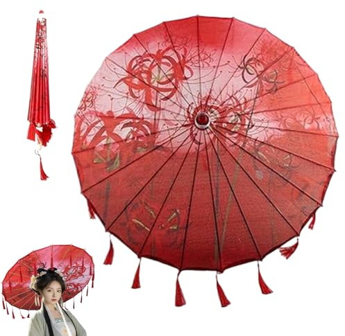Wedhapy Ombrello Giapponese Ombrello Cinese 32 Pollici Giglio Magico Rosso Giapponese Parasole in Seta con Nappa Asiatico Antico Decorativo per Danza