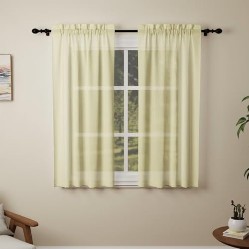 Pacok Yellow Voile Curtains, 45 Drop 2 Panels Net Curtain for Windows, Rod Pocket Sheer Curtain Panel Voile Curtains for Living Room Kitcken Bedroom W56xL45 Inch(Yellow, 142 x 114cm)