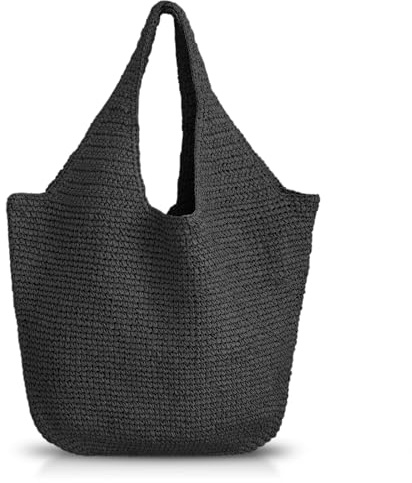 QTKJ Strandtasche für Damen, Strohtasche, große Kapazität, Basttasche, geeignet für Urlaub, Reisen, Alltag, Schwarz, Einheitsgröße