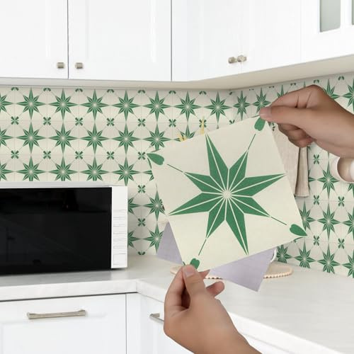 Honcet 12Pcs Green Tile Stickers, Green Stars Stick on Tiles Bathroom Kitchen 15x15cm, Vinyl Self Adhesive Tiles for Wall Backsplash Waterproof