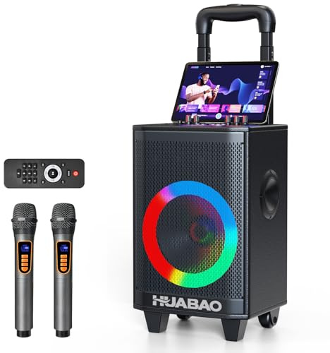 Tragbare Karaoke-Maschine mit 2 drahtlosen Mikrofonen, Bluetooth-Lautsprecher mit Beleuchtung und Trolley-Rädern, 6600-mAh-Akku-PA-System, FM/AUX/USB/TF, Fernbedienung, Bass-/Höhen-/Echo-Einstellung
