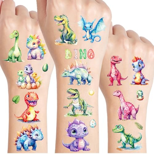Dinosaurier Glitzer Tattoos für Kinder, 12 Blätter Dino Fake Tattoos | Geschenke für Junge Mädchen, Geburtstag Party Geschenk Kleine, Hautfreundliche Temporäre