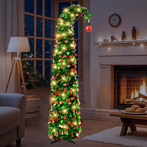 Pop Up Weihnachtsbaum Faltbar Geschmückt, 150CM/5FT Ausziehbarer Bleistift Weihnachtsbaum Klappbar mit 50 LED-Lichtern, Weihnachtsdeko mit Ständer und Wiederverwendbar (Dunkelgrün)