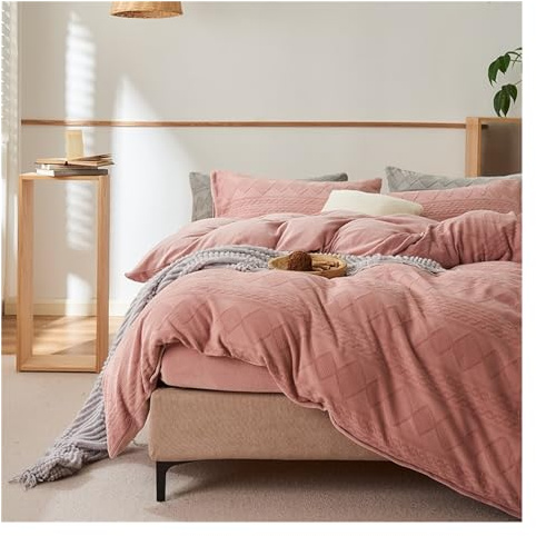 Three-Dimensional Carving Coral Velvet 4-Piece Set, Thickened Warm Milk Fleece Duvet Cover Set, Breathable and Soft and Comfortable (Color: Pink, Size: 2.0m bed -220x240cm)