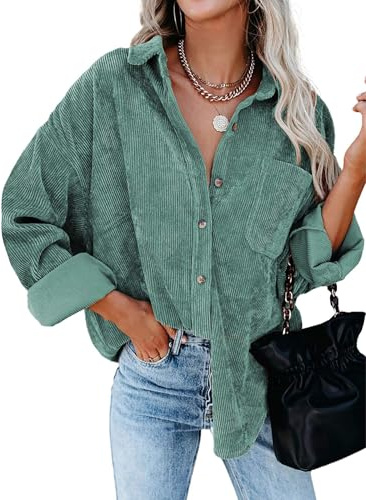 Friptspyg Cordhemd Damen Bluse Langarm Cordbluse Lässiges Hemdbluse Oversized Cordjacke Button Down Corduroy Bluse Casual Cord Hemd mit Tasche, Grau Grün XL