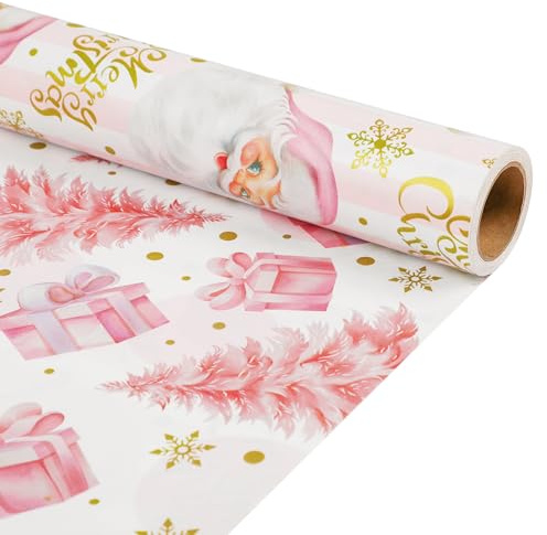 WRAP STORM Papier cadeau rose de Noël – 1 rouleau 43 cm x 10 m Papier cadeau avec design de sapin de Noël et de cadeau – Jolie idée de décoration pour les fêtes